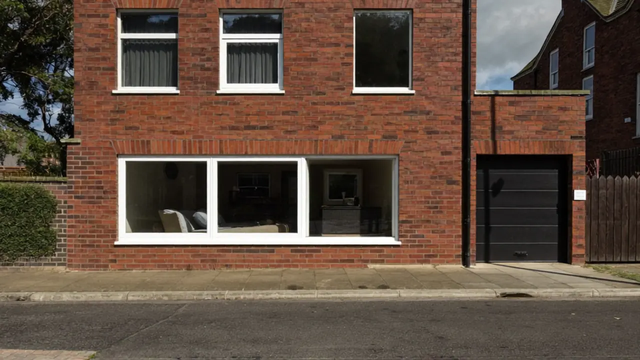 UK house with new windows framed by autumn leaves in the front garden