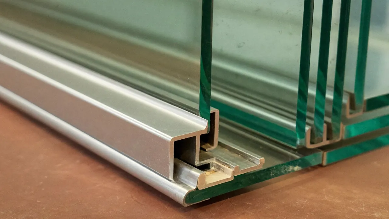 Close-up of a sealed double glazing unit showing the spacer bar