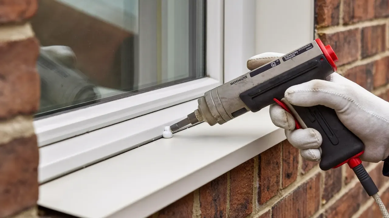 Fitter applying sealant around a newly installed window frame