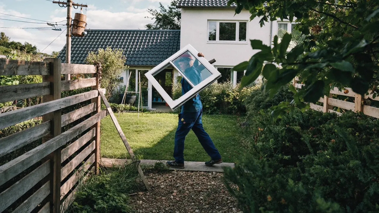 Installer carrying a new window frame up the front path of a home