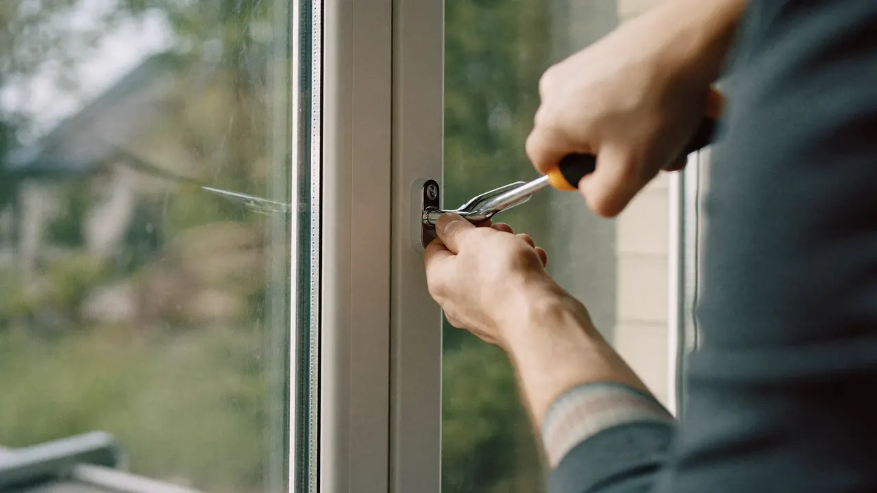 Installer fitting a secure locking handle to a replacement window