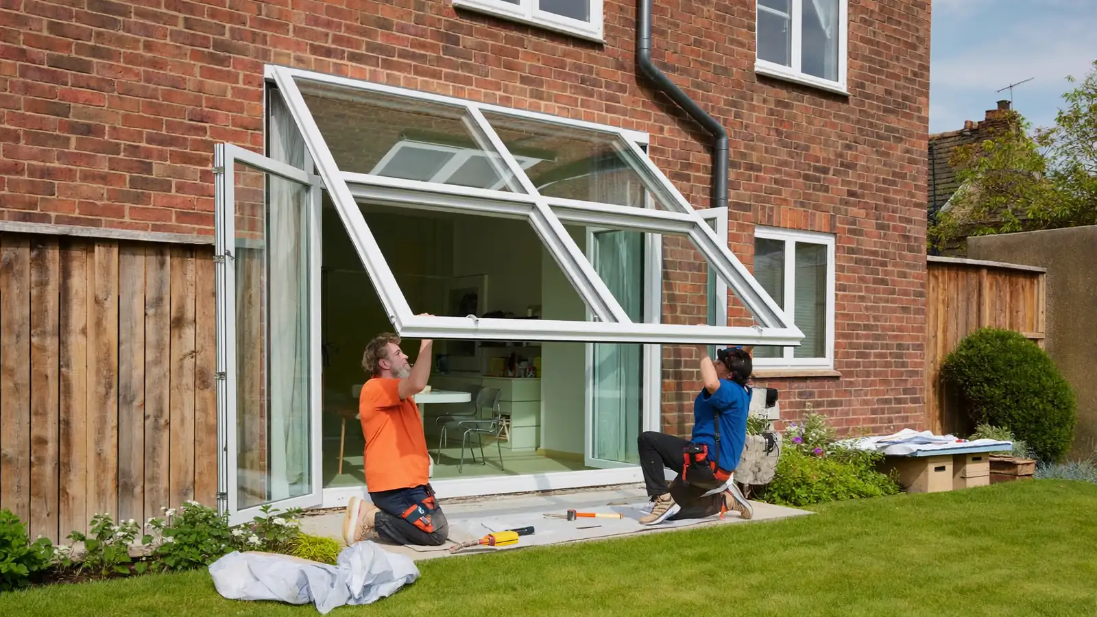 Two installers lifting a new window into an opening