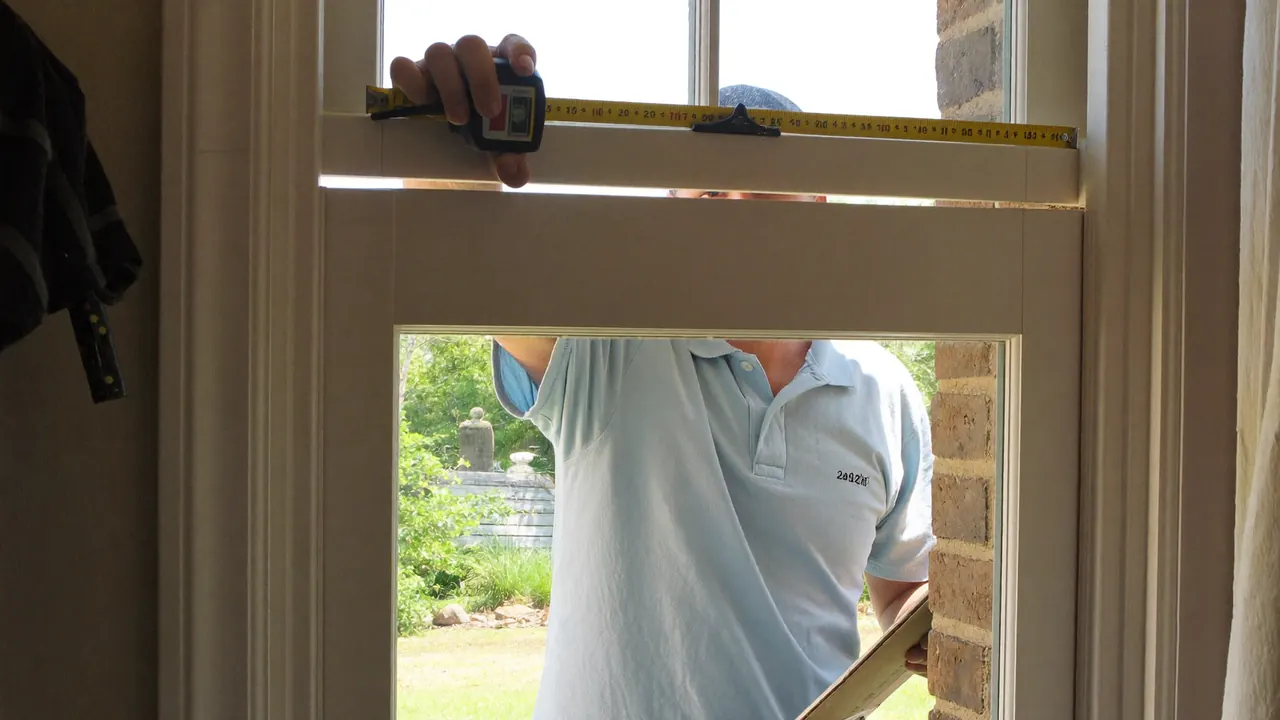 Surveyor measuring a window opening during an autumn home visit