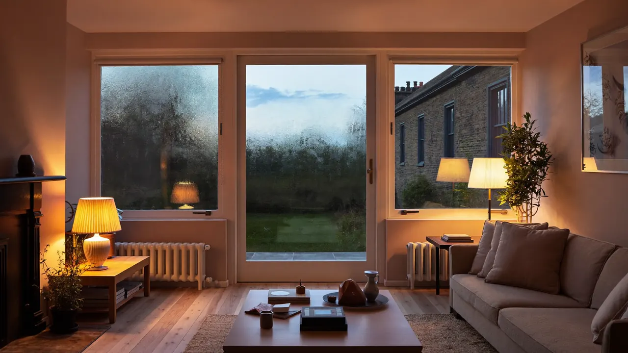 Cosy living room with new double-glazed windows on a winter evening
