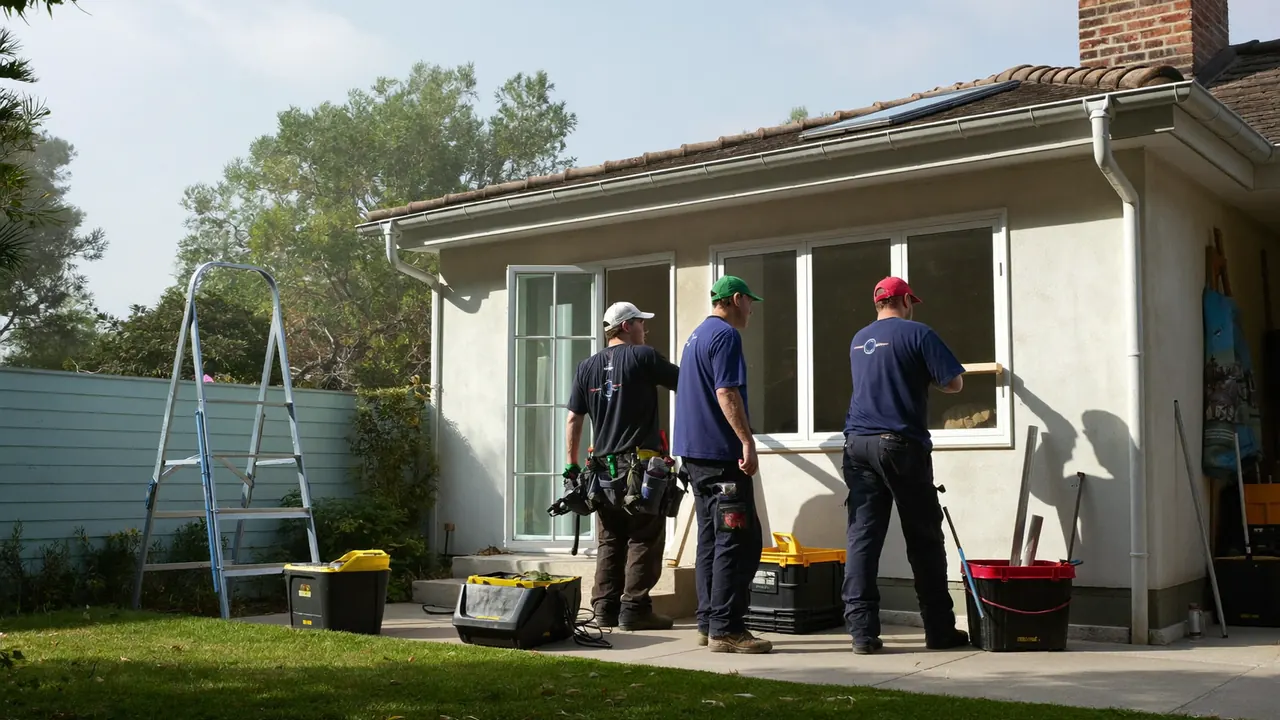 A team of window fitters gathered outside a UK home ready to start