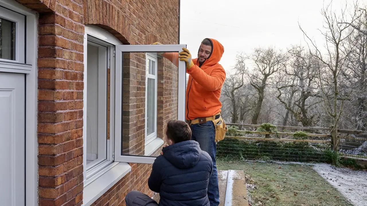Installers fitting a new window at a UK home on a cold winter day